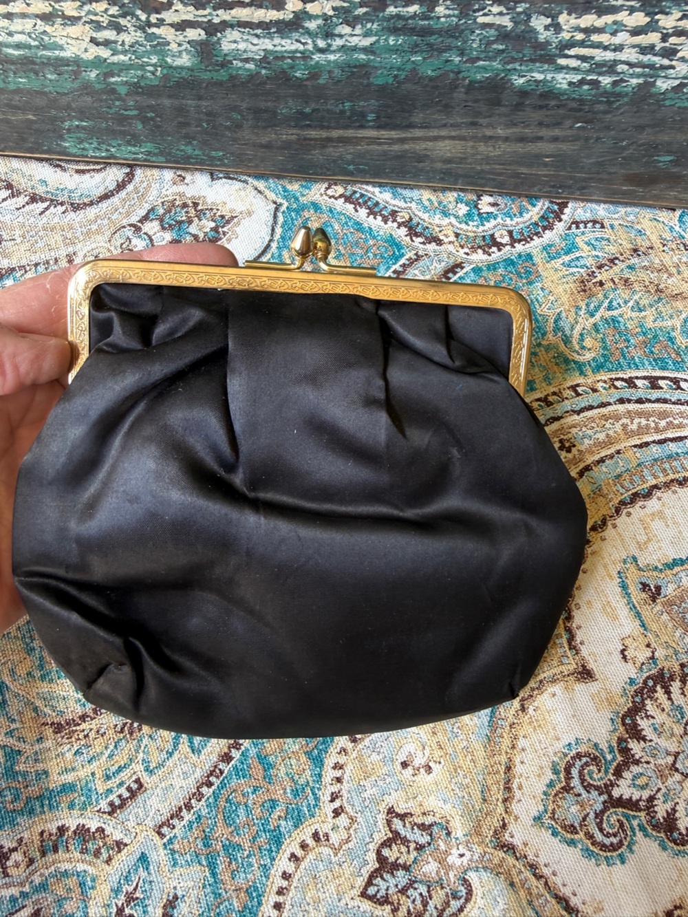 Black Satin Evening Clutch Gold Chain Kiss Lock Vintage Formal Purse